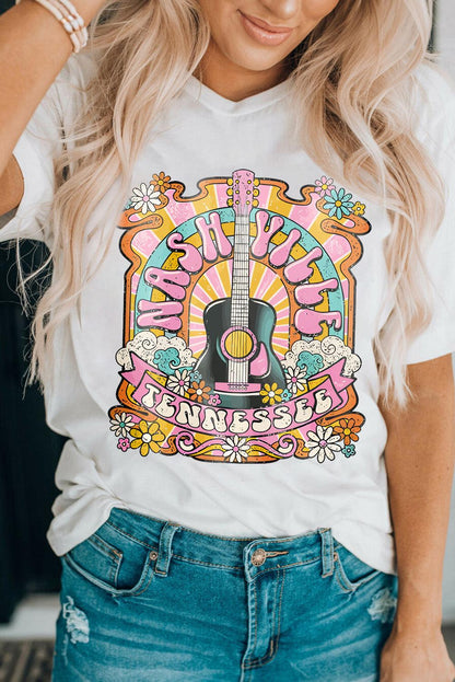 White NASHIVILLE Guitar Graphic Country Music T Shirt - L & M Kee, LLC