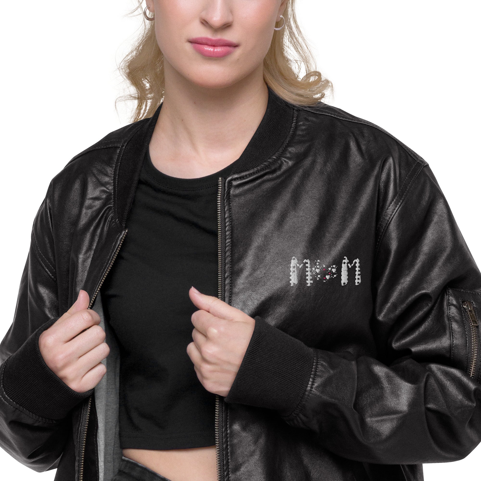 Heart Mom Leather Bomber Jacket