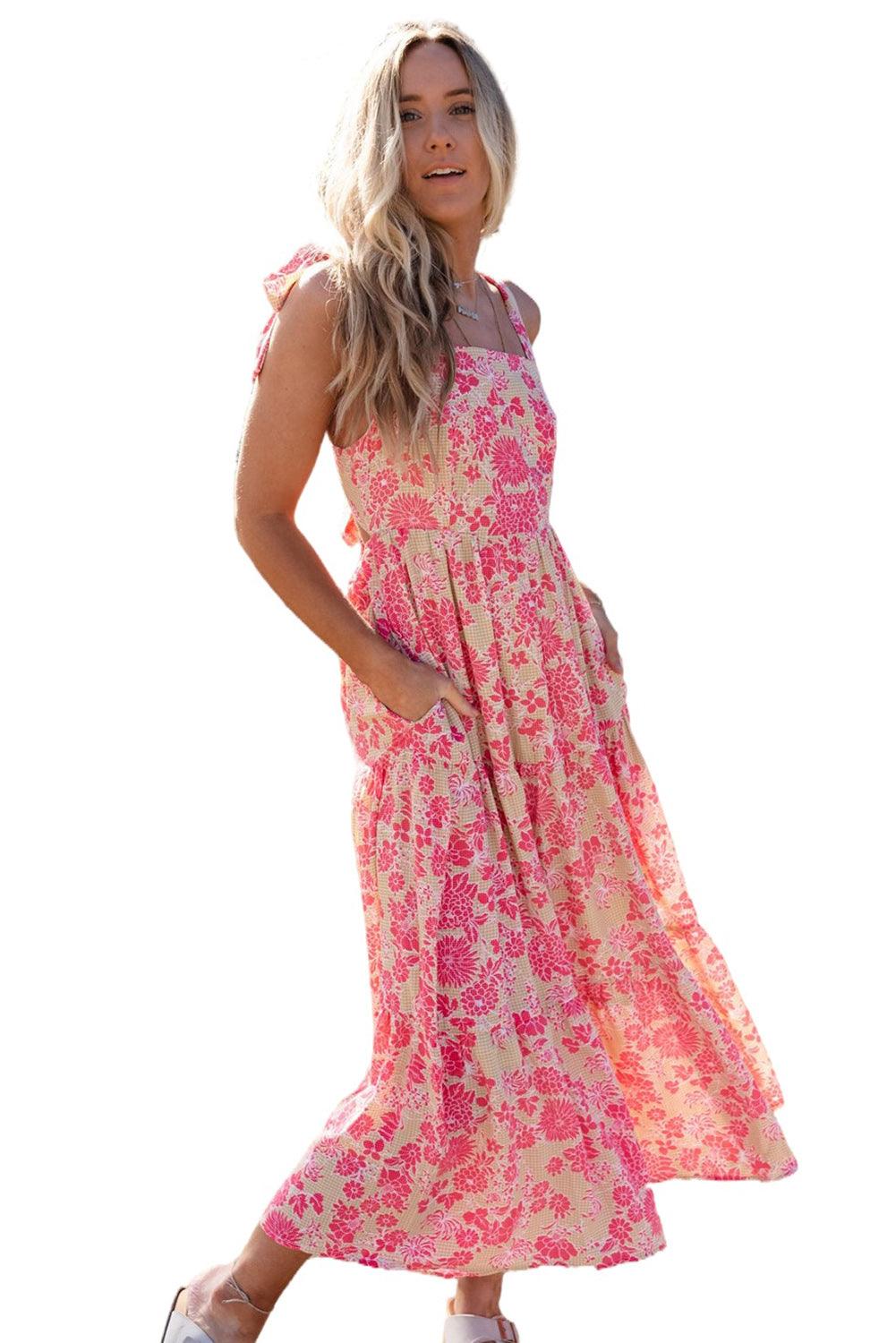 Gingham Floral Tie Shoulder Maxi Dress - L & M Kee, LLC