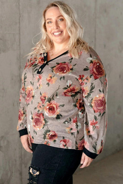 Gray Floral Long Sleeve Plus Size Henley Top - L & M Kee, LLC