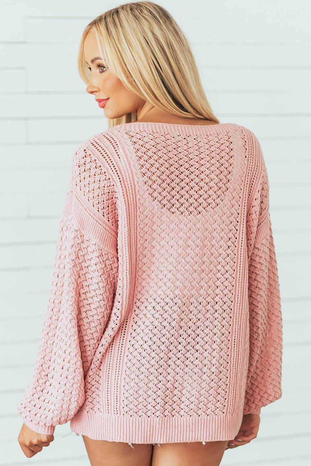 Pink Loose Pointelle Knit Ribbed V Neck Sweater - L & M Kee, LLC