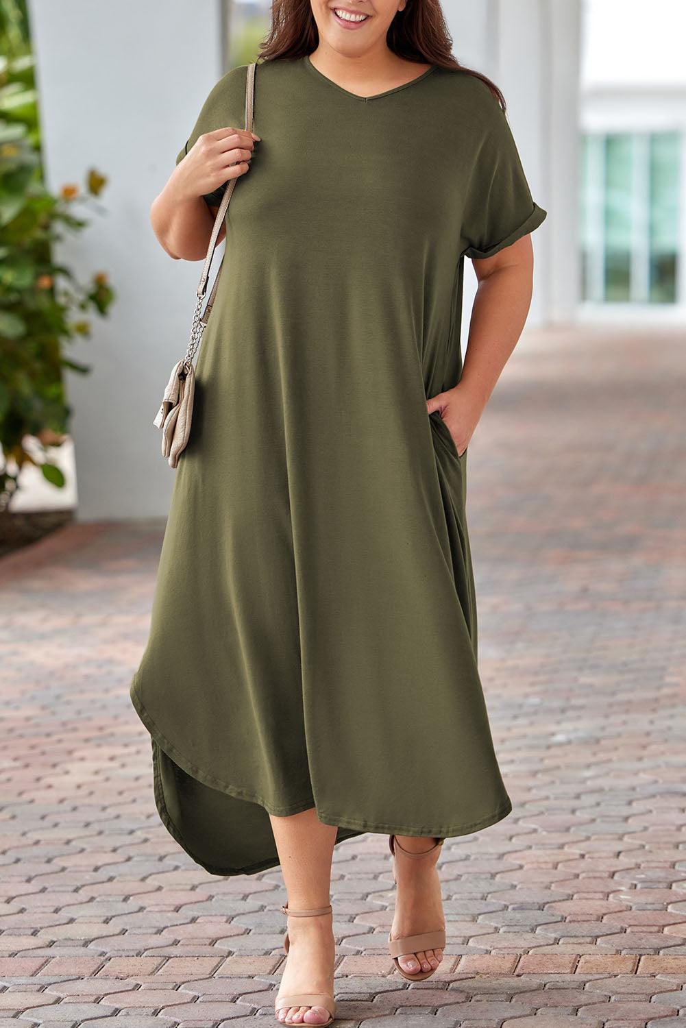 Plus Size V Neck Rolled Cuffs Maxi Dress - L & M Kee, LLC