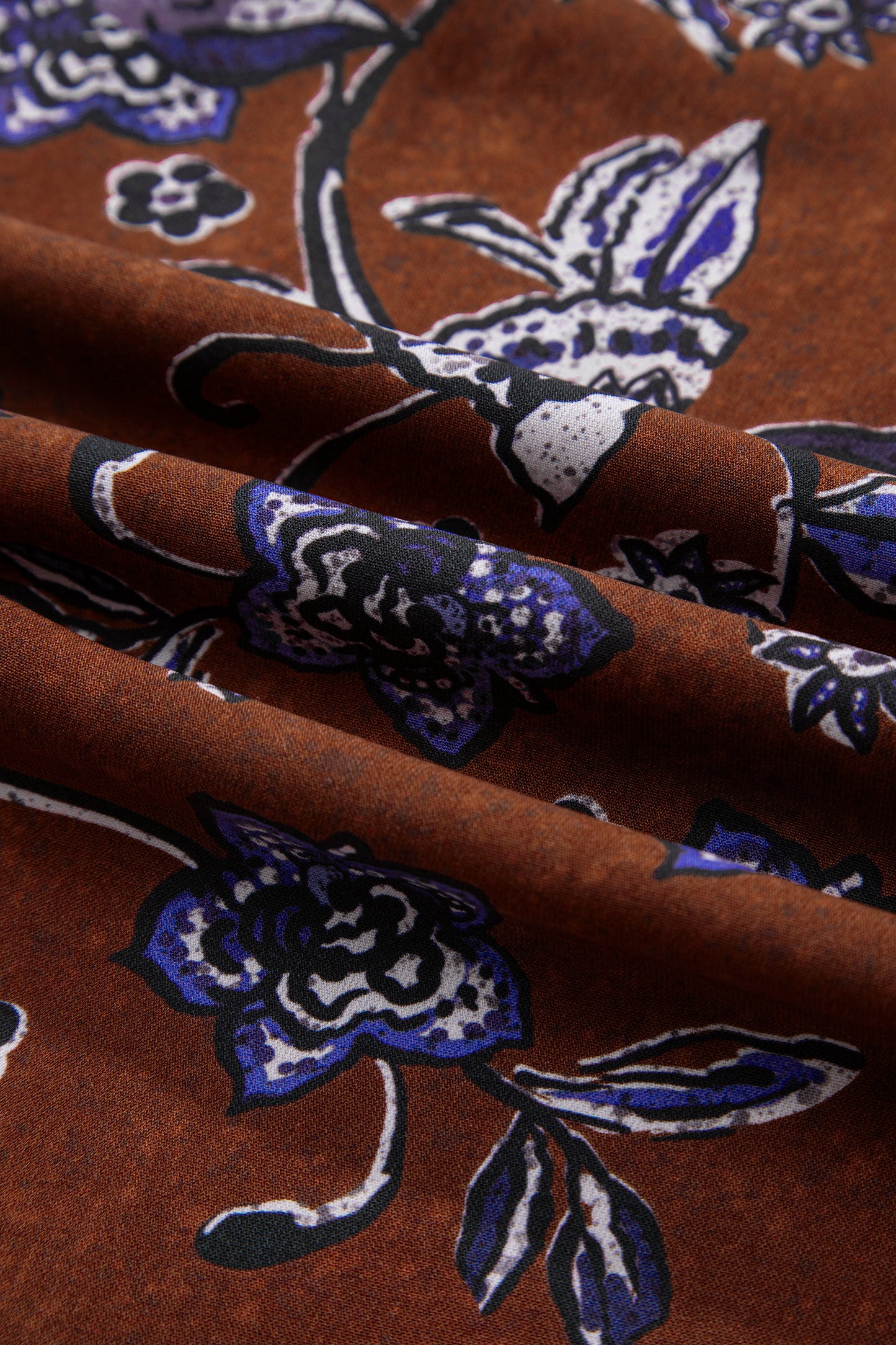 Brown Autumn Floral Print Smocked Cuffs Shift Blouse