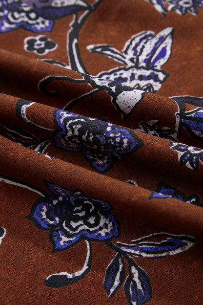 Brown Autumn Floral Print Smocked Cuffs Shift Blouse