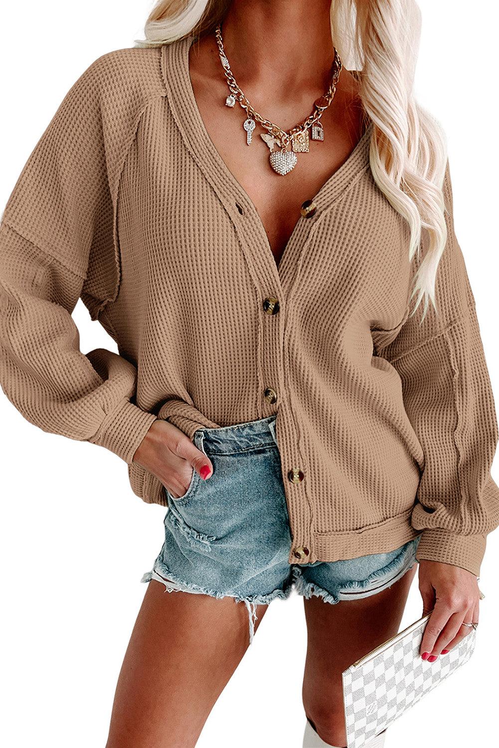 Khaki Exposed Seam Buttons Front Waffle Knit Cardigan - L & M Kee, LLC