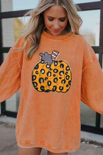 Orange Halloween Leopard Pumpkin Patchwork Ribbed Sweatshirt