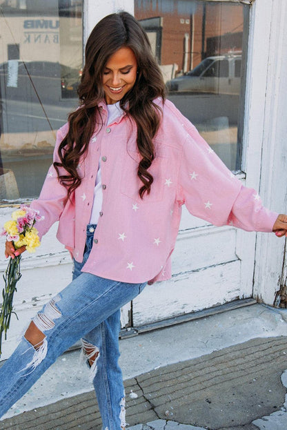 Pink Star Print Button Denim Jacket - L & M Kee, LLC