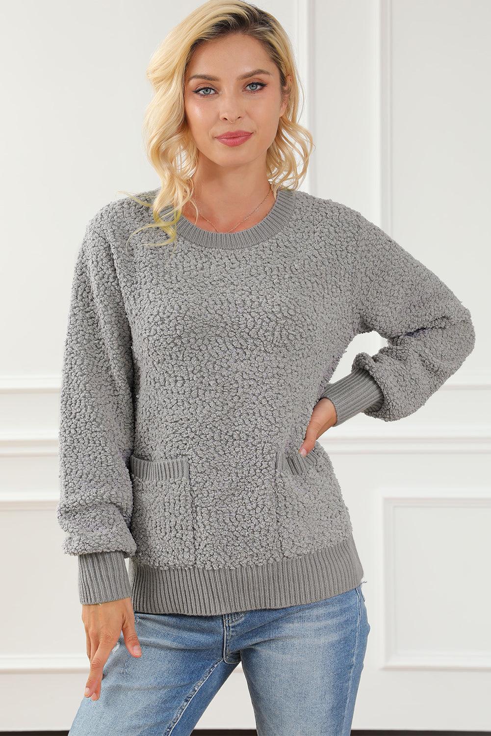 Gray Double Pockets Ribbed Trim Popcorn Knit Sweater - L & M Kee, LLC