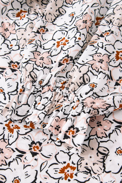 Khaki Bold Floral Print Frilled Puff Sleeve Button Down Shirt