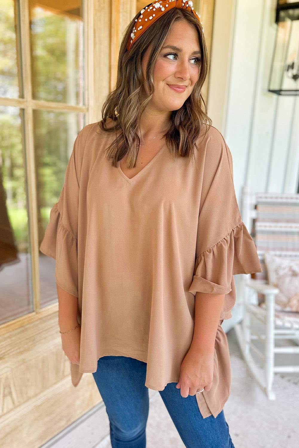 Smoke Gray Plus Size Ruffled Batwing Sleeve V Neck Blouse - L & M Kee, LLC