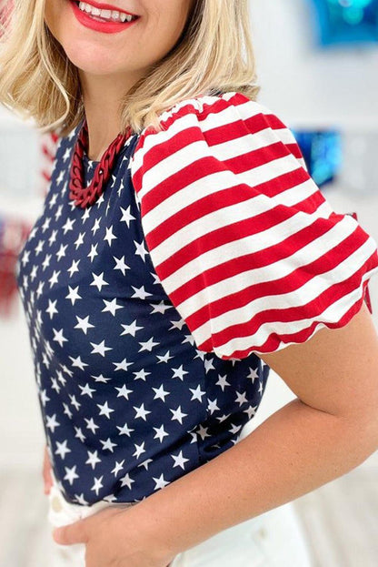 Navy Blue 4th Of July Stars Stripes Puff Sleeve T Shirt - L & M Kee, LLC