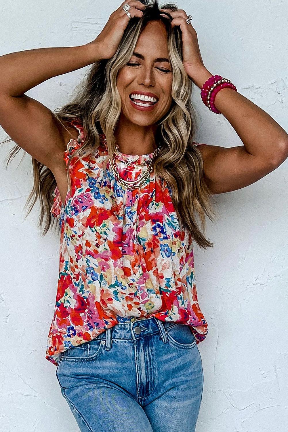 Red Frilled Neck Pleated Boho Floral Tank Top - L & M Kee, LLC