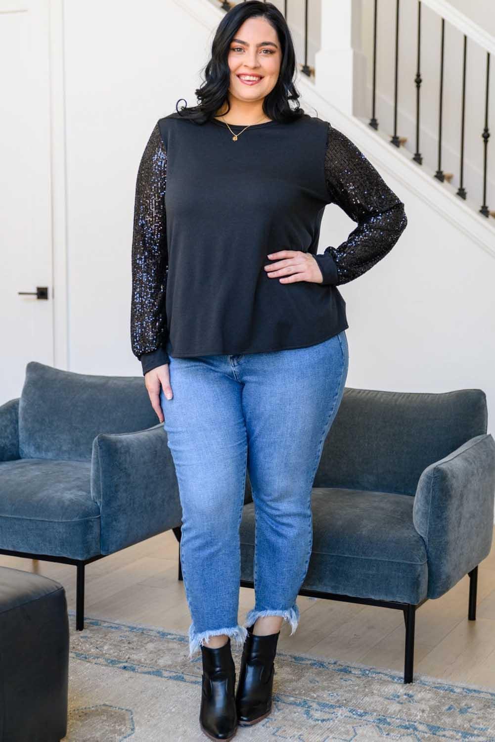 Sequin Contrast Long Sleeve Plus Size Top - L & M Kee, LLC