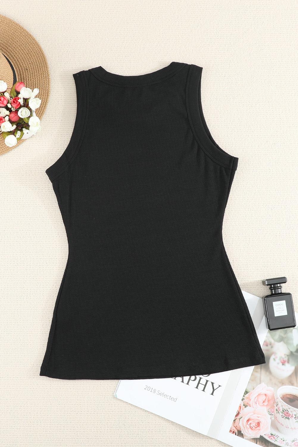 Solid Black Round Neck Ribbed Tank Top - L & M Kee, LLC