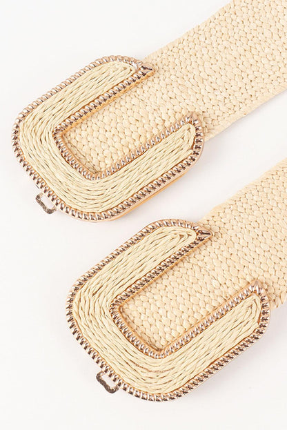 Beige Straw Braided Elastic Wide Belt - L & M Kee, LLC