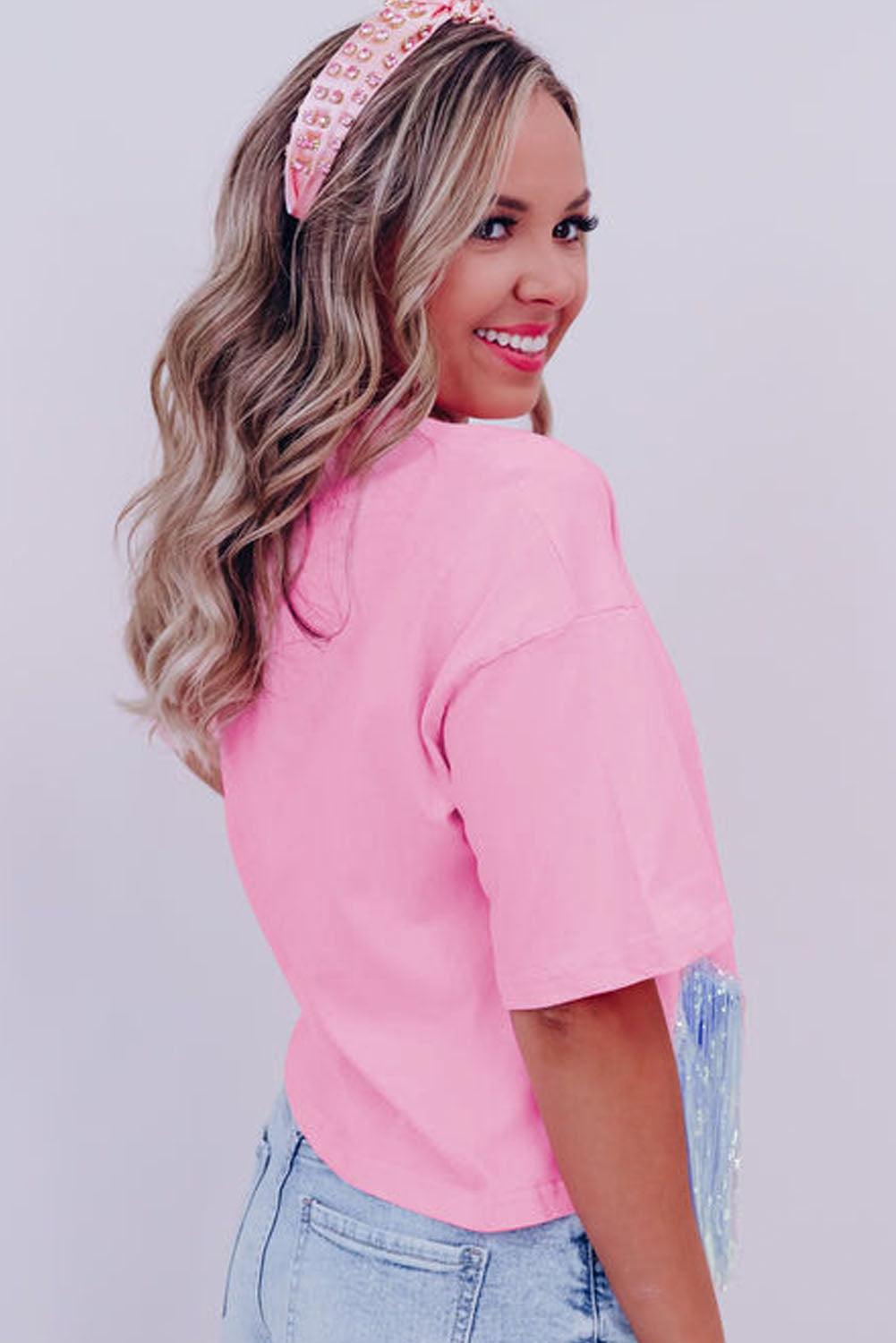 Pink Sweet Bowknot Graphic Fringed Hem T-shirt - L & M Kee, LLC