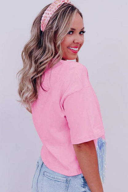 Pink Sweet Bowknot Graphic Fringed Hem T-shirt - L & M Kee, LLC