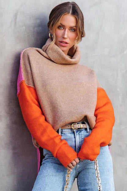 Khaki Color Block Turtle Neck Drop Shoulder Knit Sweater - L & M Kee, LLC