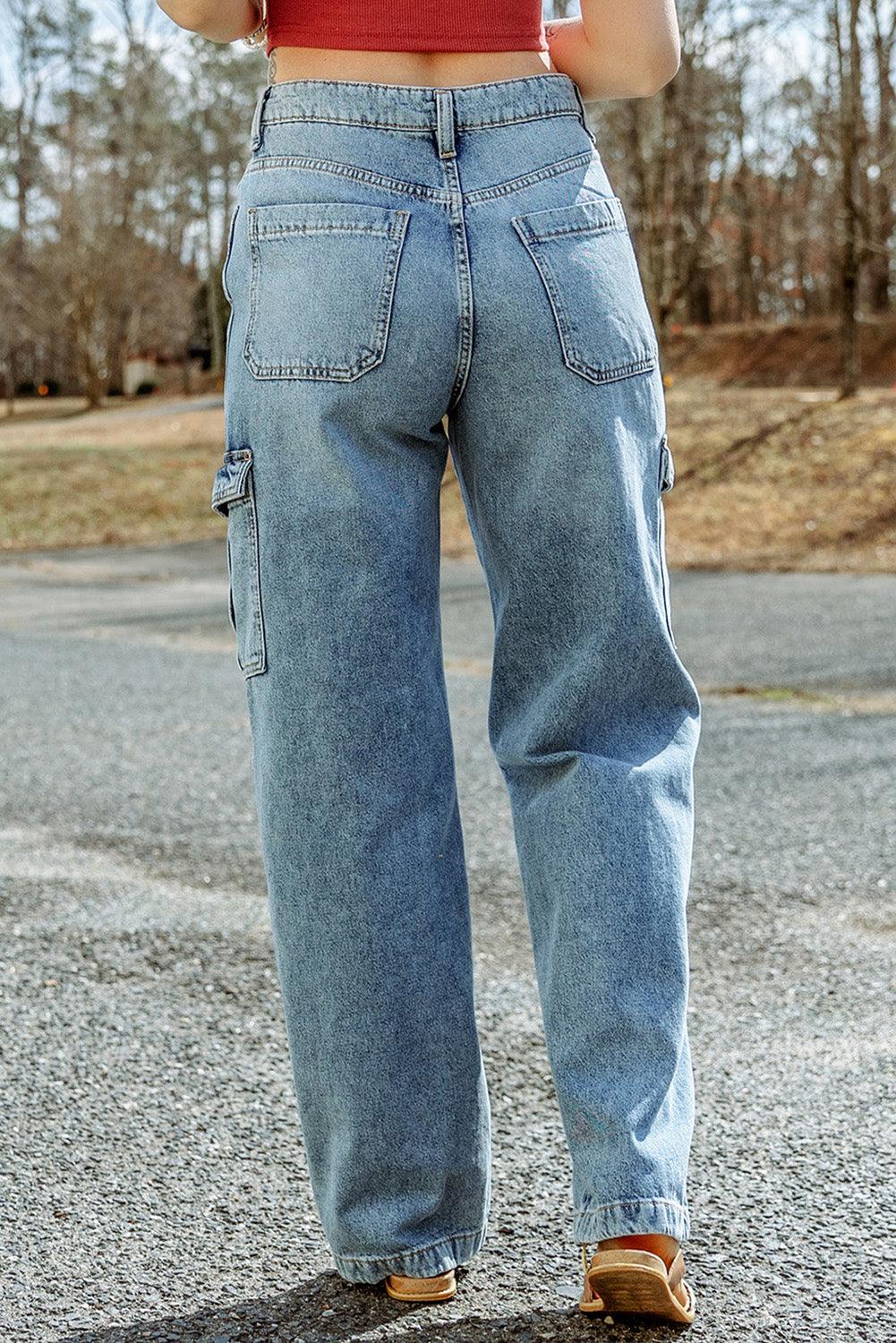 Sky Blue Cool Cargo Style Wide Leg Jeans - L & M Kee, LLC