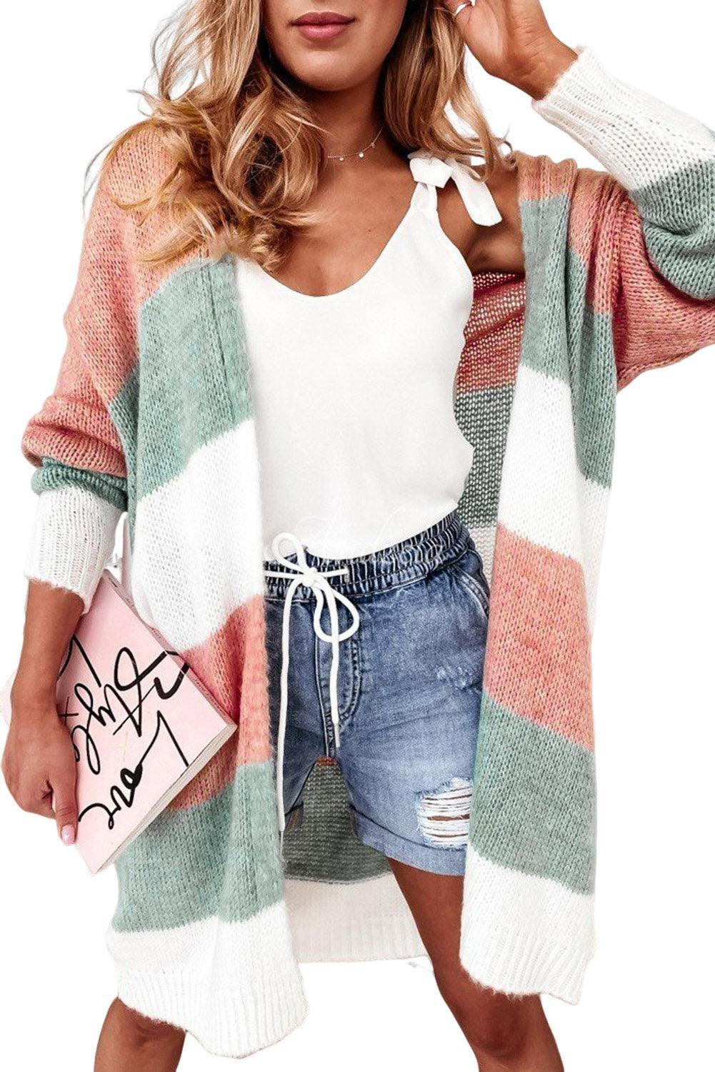 Green Colorblock Stripe Open-Front Cardigan - L & M Kee, LLC