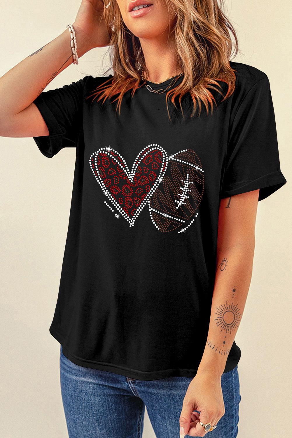 Black Rhinestone Rugby Heart Shape Graphic Crewneck T Shirt - L & M Kee, LLC