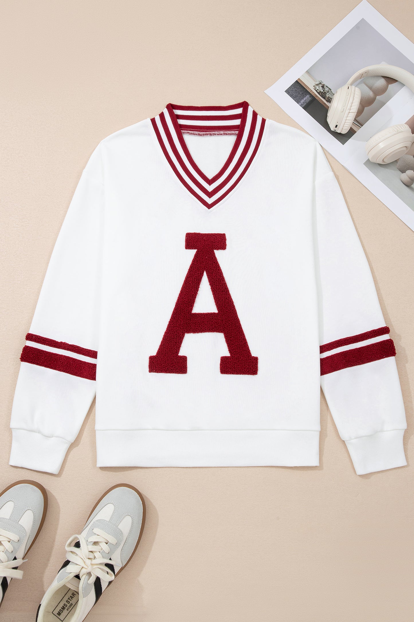 Red Dahlia Chenille Letter A Graphic Varsity Striped V Neck Puff Sleeve Sweatshirt