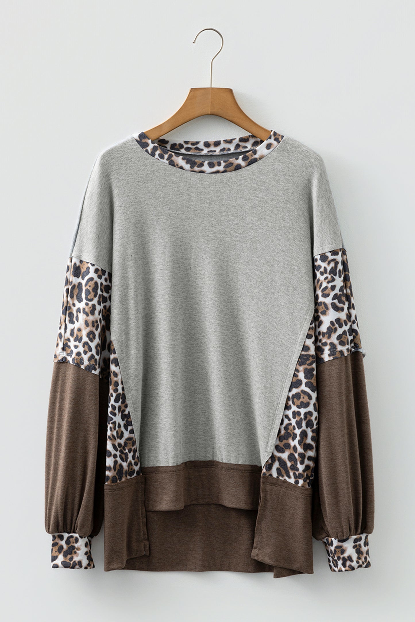 Gray Color Block Leopard Patchwork Dolman Sleeve High Low Baggy Sweatshirt