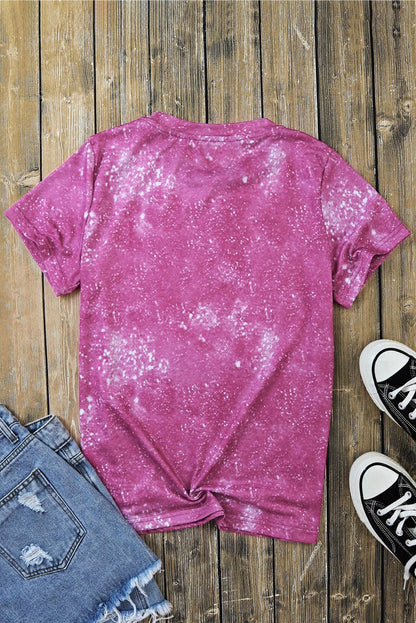 Rose Strawberry Bow Knot Bleach Print O Neck Casual Tee - L & M Kee, LLC