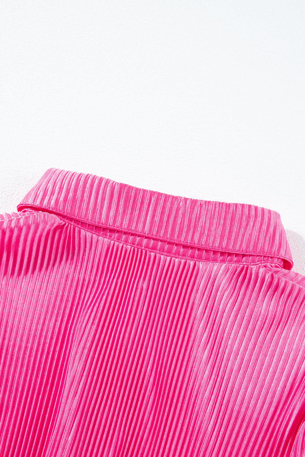 Bright Pink Satin Pleated Short Sleeve Shirt - L & M Kee, LLC