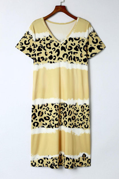 Rose Leopard Color Block V-Neck T-shirt Dress - L & M Kee, LLC