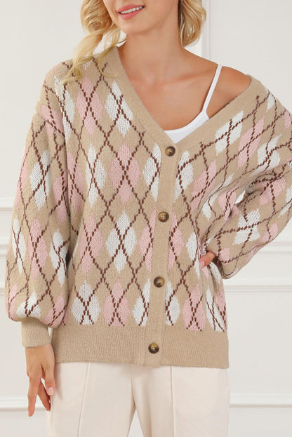 Multicolour Rhombus Pattern Knit Sweater Cardigan - L & M Kee, LLC