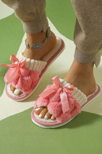 Peach Blossom Bow Knot Decor Open Toe Plush Slippers