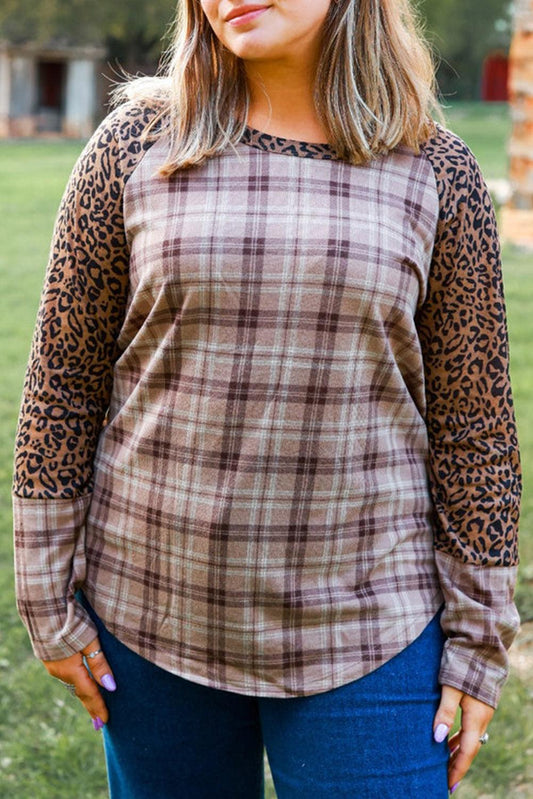 Chestnut Plus Size Leopard Raglan Sleeve Plaid Top - L & M Kee, LLC