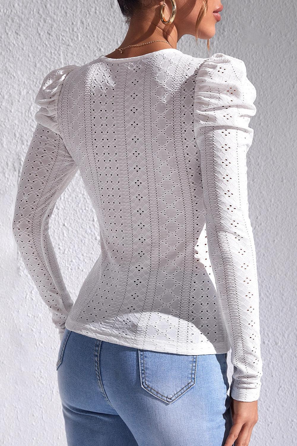 White Jacquard Textured Puff Sleeve O-Neck Top - L & M Kee, LLC