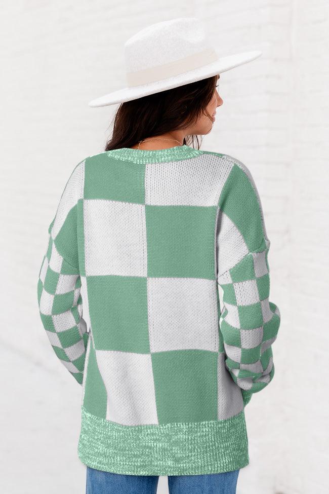 Mint Green Checkered Print Drop Shoulder Sweater - L & M Kee, LLC