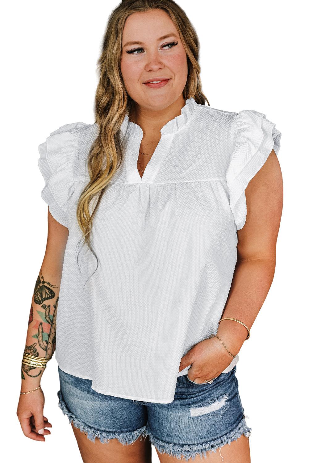 White Textured Ruffled Flutter Sleeve Plus Size Blouse - L & M Kee, LLC