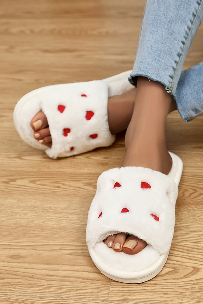 White Valentines Heart Embroidered Fuzzy Winter House Slippers