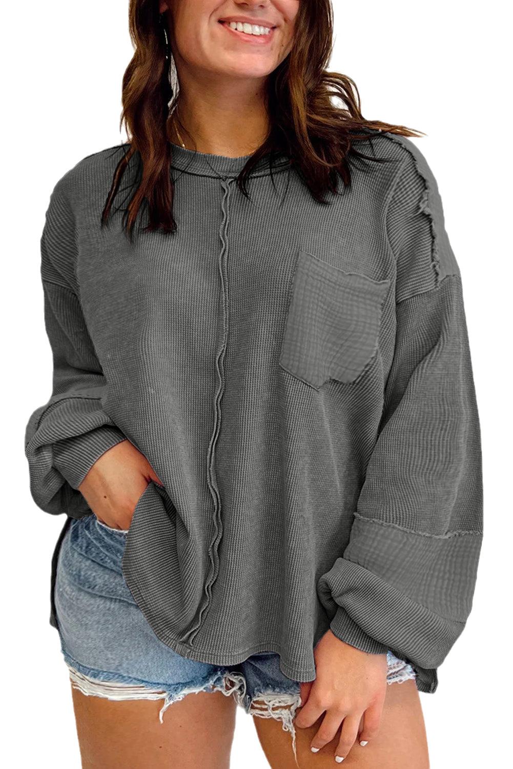 Dark Grey Plus Size Exposed Seam Crinkle Patchwork Top - L & M Kee, LLC