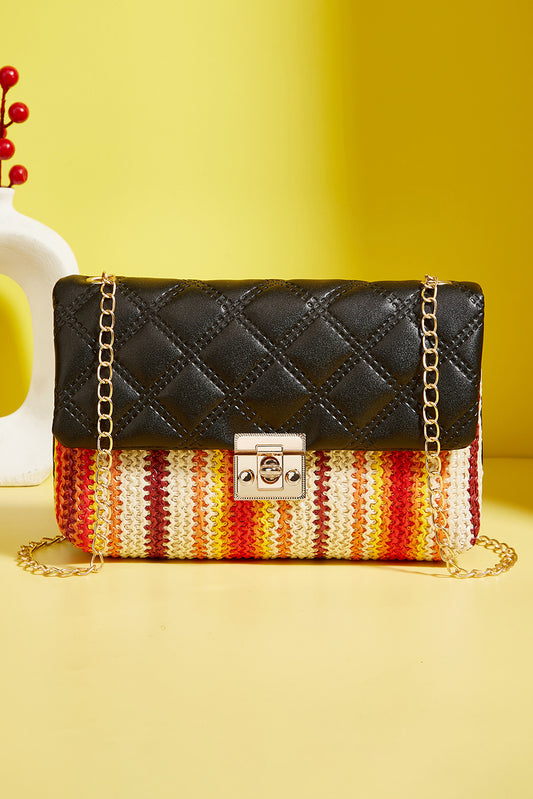 Black Quilted Flap Printed Knit Chain Single Shoulder Bag