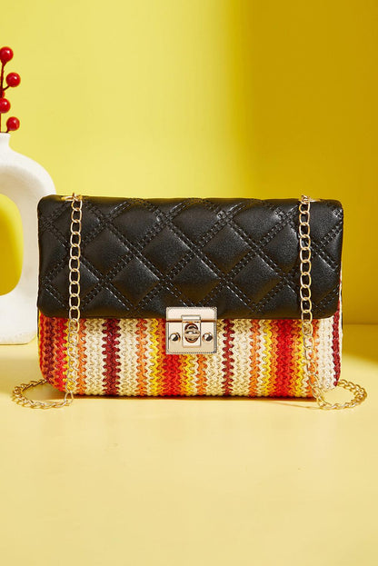 Black Quilted Flap Printed Knit Chain Single Shoulder Bag - L & M Kee, LLC