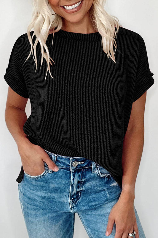 Black Textured Knit Exposed Stitching T-shirt - L & M Kee, LLC