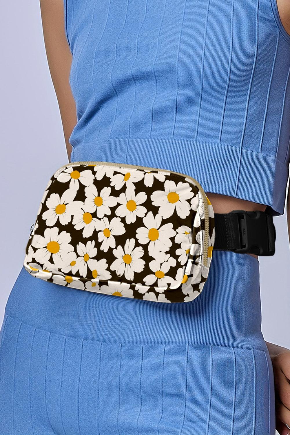 Black Daisy Printed Buckle Strap Crossbody Bag - L & M Kee, LLC