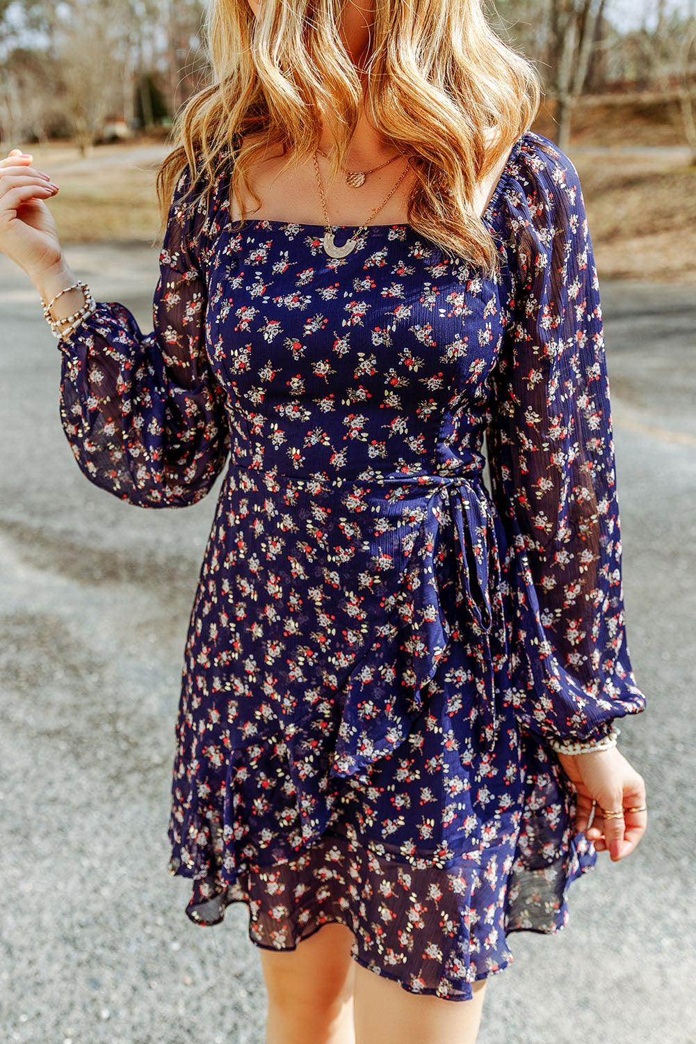 Floral Print Smocked Square Neck Bubble Sleeve Dress - L & M Kee, LLC