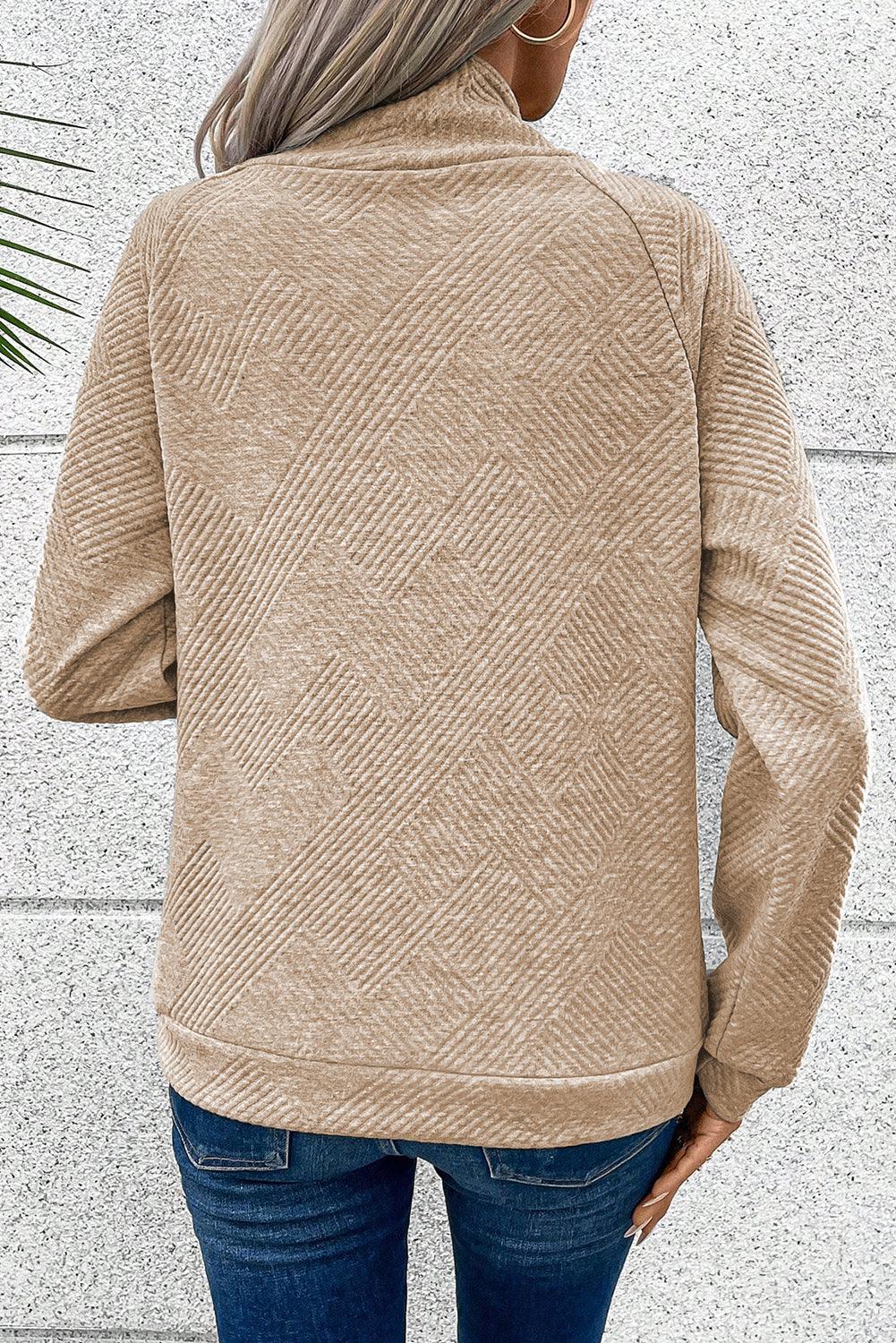 Gray Asymmetric Buttons Detail High Neck Textured Sweatshirt - L & M Kee, LLC