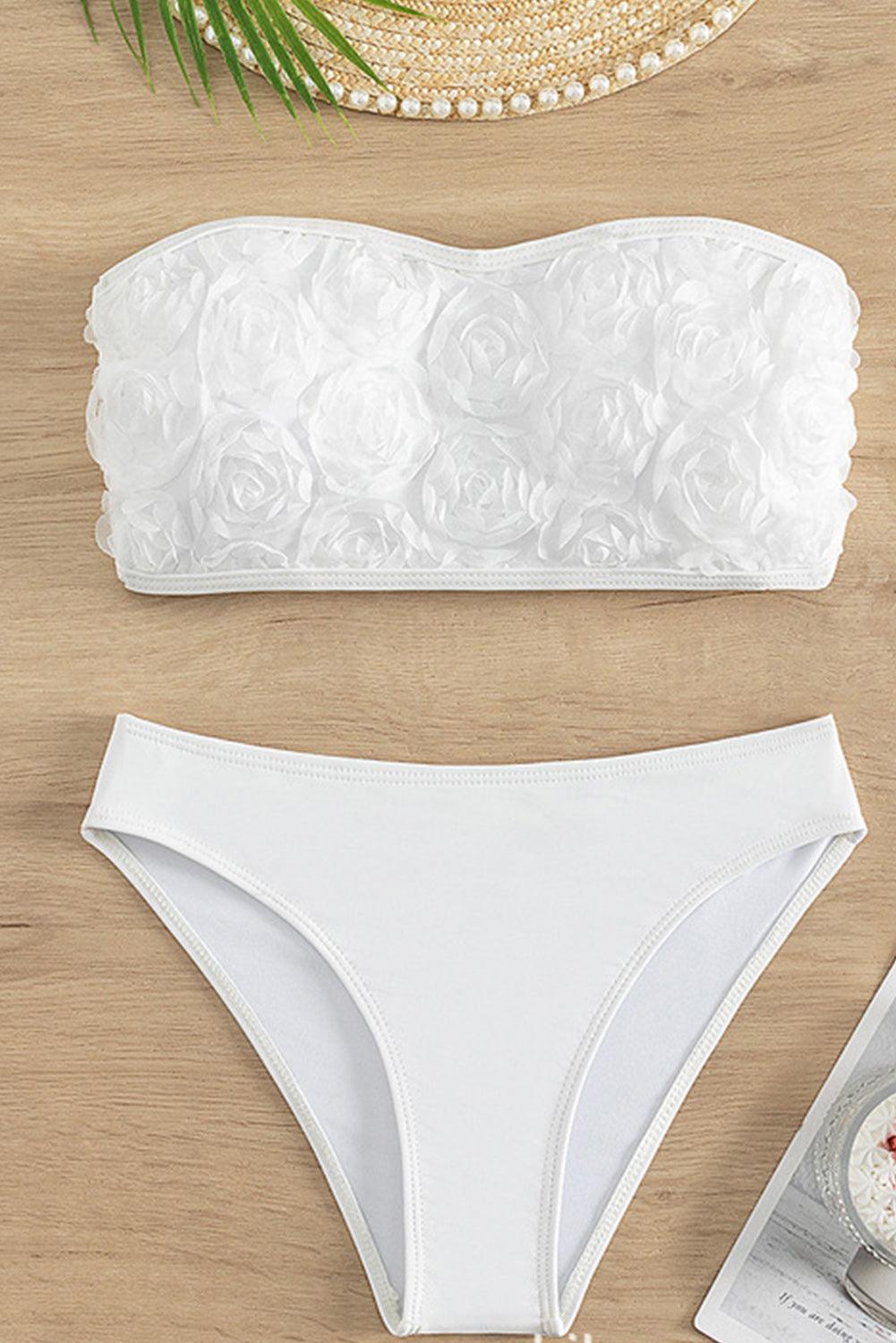 White 3D Floral Bandeau High Waist Bikini - L & M Kee, LLC