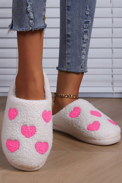 Pink Heart Pattern Valentines Fuzzy Winter Slippers