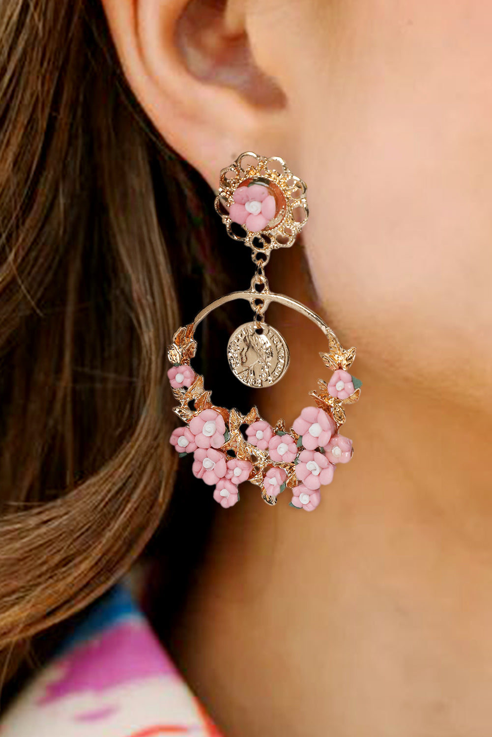 Pink Flower Decor Cut Out Stud Dangle Earrings