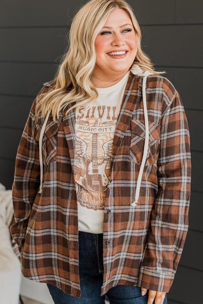 Brown Plus Size Plaid Contrast Button up Hooded Jacket - L & M Kee, LLC