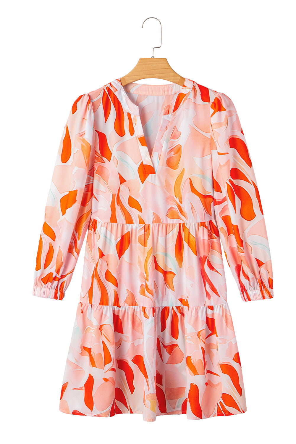 Orange Abstract Print Split Neck Long Sleeve Dress