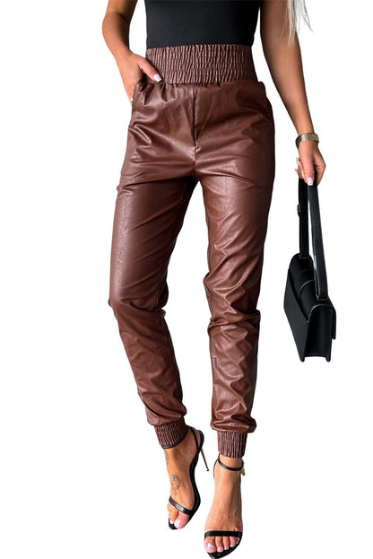 Brown Smocked High-Waist Leather Skinny Pants - L & M Kee, LLC